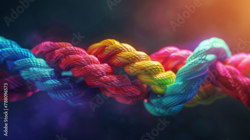 Connection, color and string of rope with pattern, knot and texture for synergy, safety or strong connection. Cable, thread or yarn on wallpaper with abstract textile, lines and rainbow diversity photo