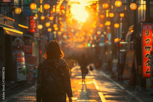 Lone Traveler Exploring Harajuku s Vibrant Backstreets at Sunset Iconic Landmarks Subtly Visible Intimate Perspective of Urban Adventure and Personal