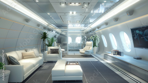 Luxurious Private Jet Interior with Bedroom and Lounge Area