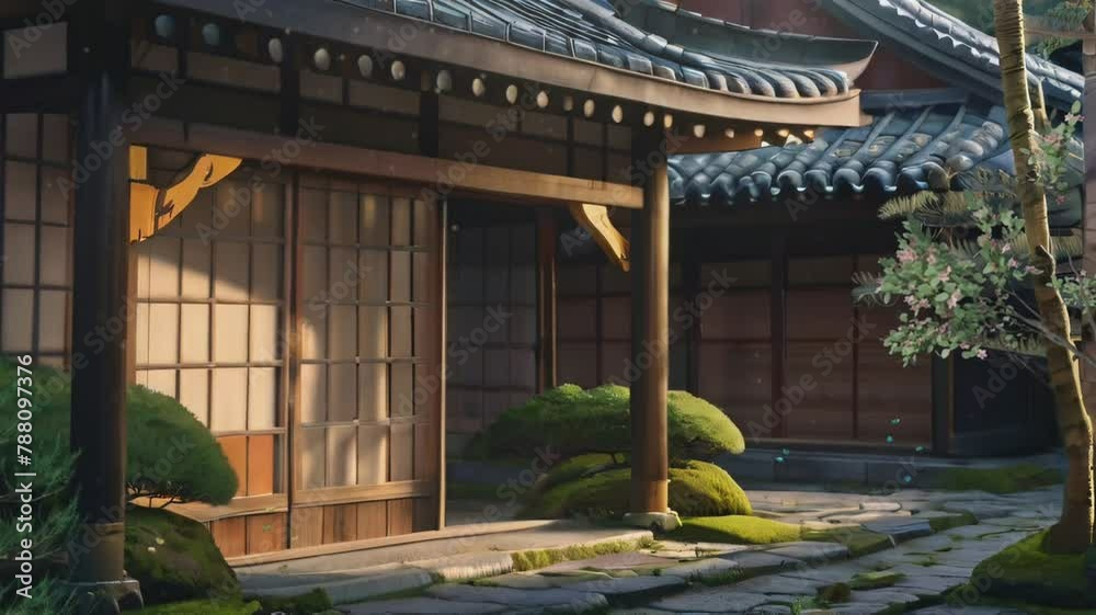 Illustration view of buildings in Japan old town, depicting a traditional house on a side street. Illustration view of buildings in Japan old town, depicting a traditional house on a side street.
