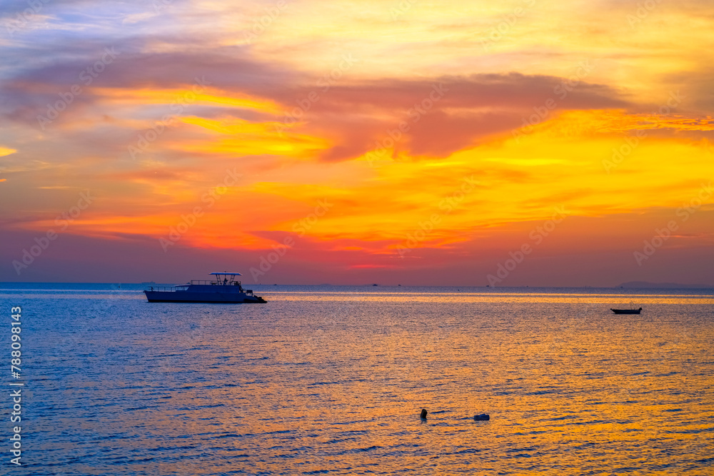 Boat in the sea with twilight sky, Pattaya Thailand. 