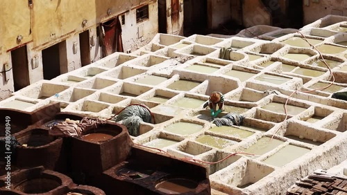 A man works in the Shuara leather dyeing factory. Traditional Moroccan craft. Morocco, Fez photo