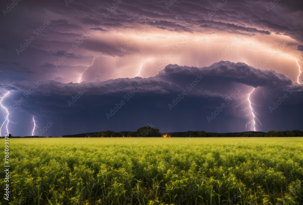 As darkness descends upon the countryside, a dramatic lightning storm erupts, lighting up the horizon with flashes of brilliant light and rumbling thunder, an awe-inspiring spectacle of natures raw As darkness descends upon the countryside, a dramatic lightning storm erupts, lighting up the horizon with flashes of brilliant light and rumbling thunder, an awe-inspiring spectacle of natures raw