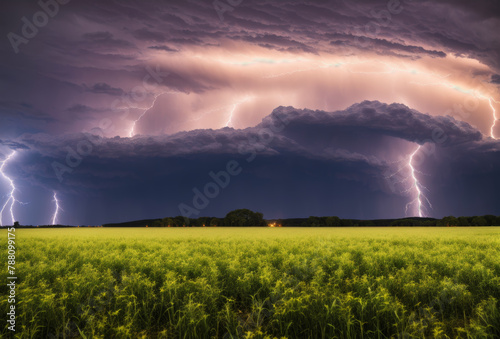 As darkness descends upon the countryside, a dramatic lightning storm erupts, lighting up the horizon with flashes of brilliant light and rumbling thunder, an awe-inspiring spectacle of natures raw photo