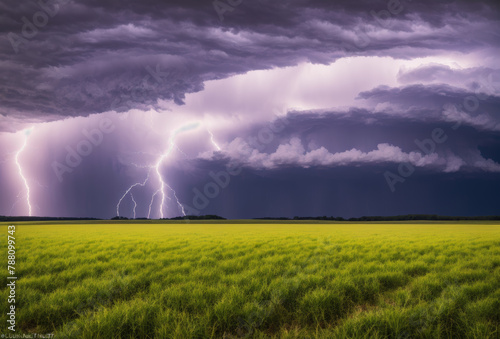 In the vast expanse of the countryside, a dramatic lightning storm brews, its tumultuous clouds unleashing torrents of rain and spectacular bolts of lightning, a breathtaking display of natures