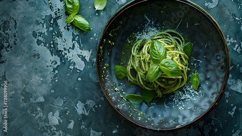 Meticulously Styled Spaghetti with Pesto Sauce A Culinary Masterpiece Highlighting Texture and Light