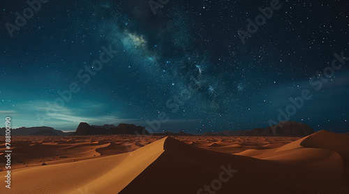 Night in desert, half horizon, half desert, beautiful dark and many stars. Generative AI.