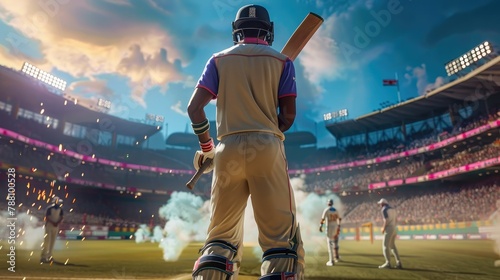 Back of cricket player holding cricket bat in stadium. Generative AI. photo