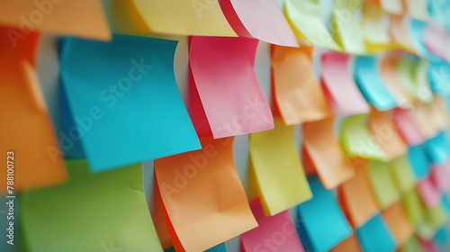 Empty colorful sticky notes pinned on a wall mockup 
