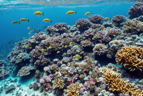 Under the shimmering surface of the sea, a vibrant coral reef comes to life, as a bustling community of marine creatures inhabits its colorful ecosystem, creating a spectacle of natural beauty and