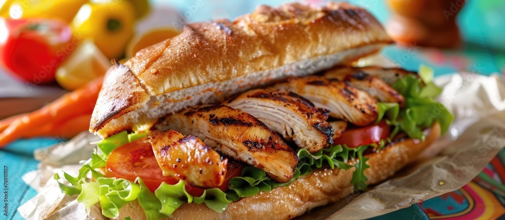 The appetizing sandwich features grilled chicken, crisp lettuce, and tomatoes, served on baking paper against a colorful table setting.