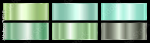 A set with green gradients on a black background. A palette of colors for the design, a collection of high-quality ingredients. Metallic texture, shiny background. Vector EPS 10.