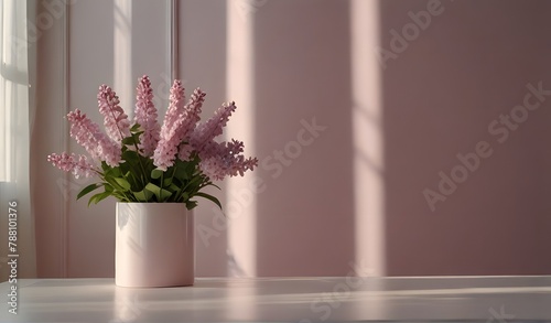 Lilac  pink flowers podium background with light and shadow for design or product display  presentation. Valentine  easter  spring  romantic  purple  floral backdrop