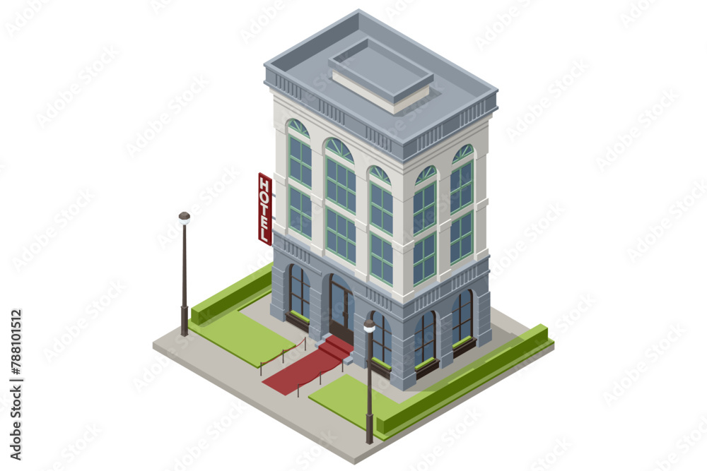 Isometric public hotel building exterior. Online booking service. Accommodation rent, travel planning. Room reservation. Isometric public hotel building exterior. Online booking service. Accommodation rent, travel planning. Room reservation.
