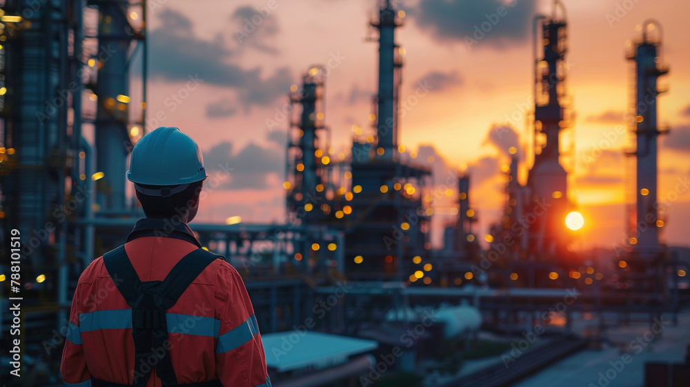 engineer is standing in front of an oil plant engineer is standing in front of an oil plant