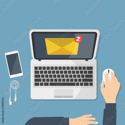 Illustrazione   di email marketing, persona auditor che lavora su workdesk con laptop, busta, e-mail che analizza o ispeziona i dati della campagna della newsletter, vettore di visualizzazion photo