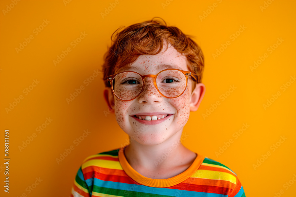 Studio portrait of a young nerdy boy or girl with freckles and wearing a colorful stripped top and standing in front of a yellow backdrop. Big smile and a happy expression