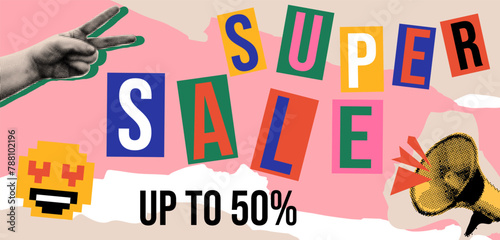 Retro collage sale banner. Advertising vector poster with vintage cutout shape.