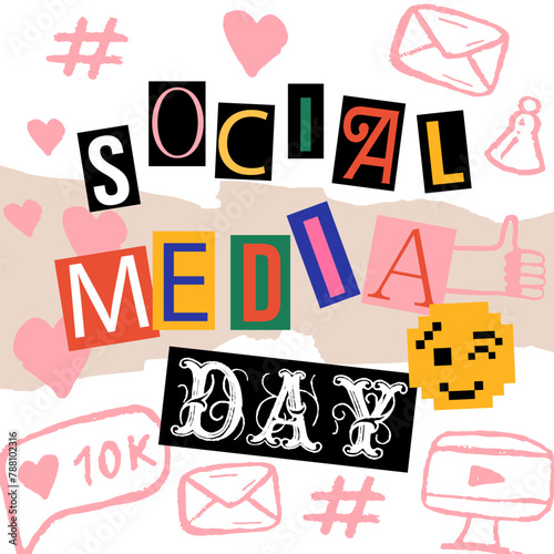 International social media day holiday in retro collage style.