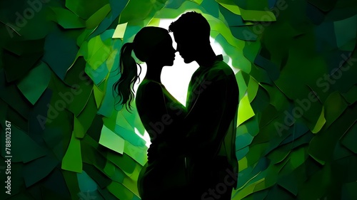 Silhouette of a couple reconciling against a vibrant green abstract background symbolizing forgiveness.forgiveness concept photo