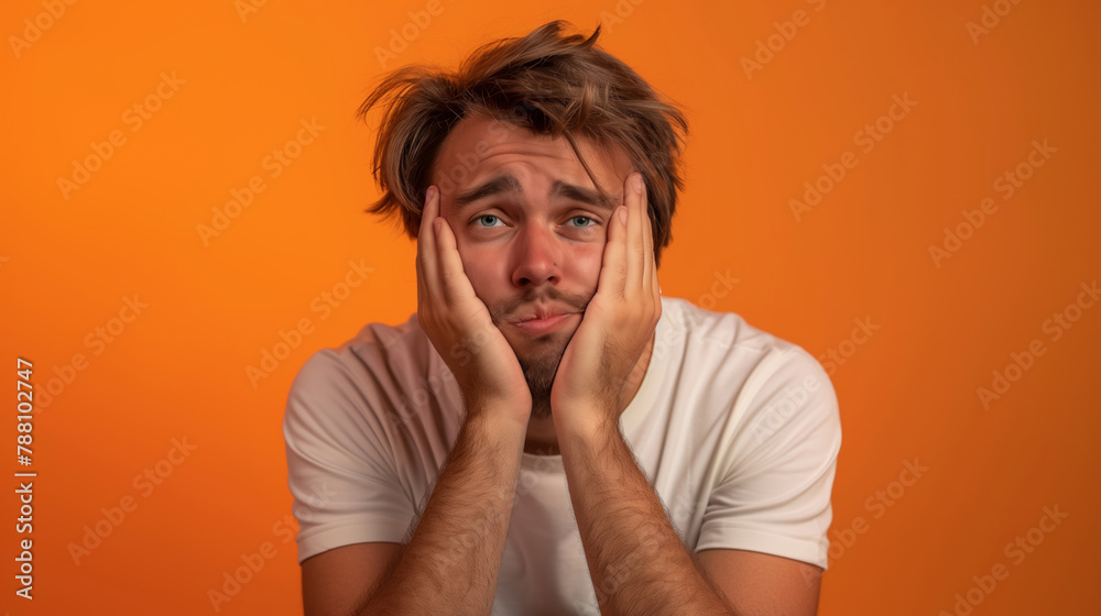 A man with messy hair and a frowning face is sitting on a yellow background. He is in a state of distress or confusion. Disappointed man with hands on face, orange background, studio photography