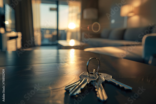 Keys on the table in new apartment or hotel. concept new home