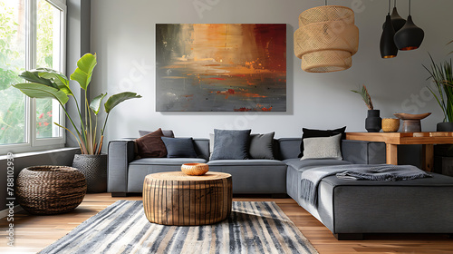 Modern living room interior with pouf grey sofa wooden table painting on wall potted plant