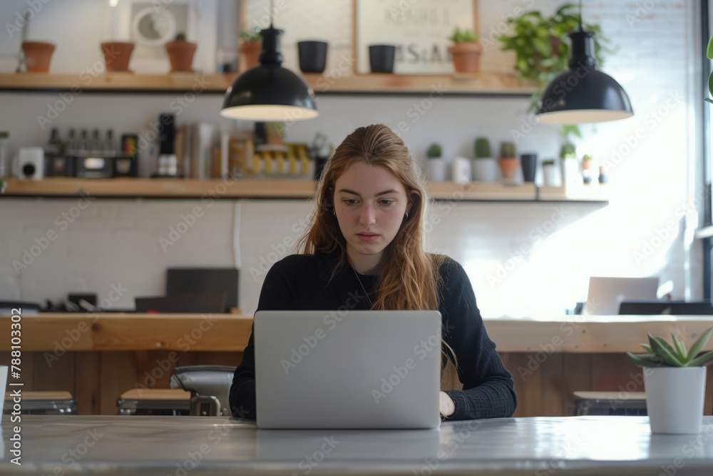 Focused young woman sits at table, working on laptop. Freelancer works remotely at home office Focused young woman sits at table, working on laptop. Freelancer works remotely at home office