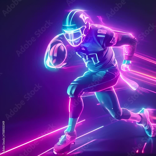 An illustration of a football player in a blue uniform, running with the ball. The image is made of bright neon lines. photo