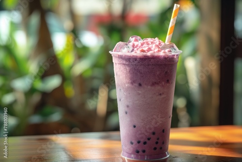 Iced purple drink taro iced milk tea in a clear cup on a wooden table background photo