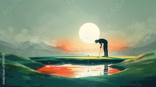 An illustration of a man playing golf on the green, putting his ball into the hole, flat design with soft colors. Generative AI. photo