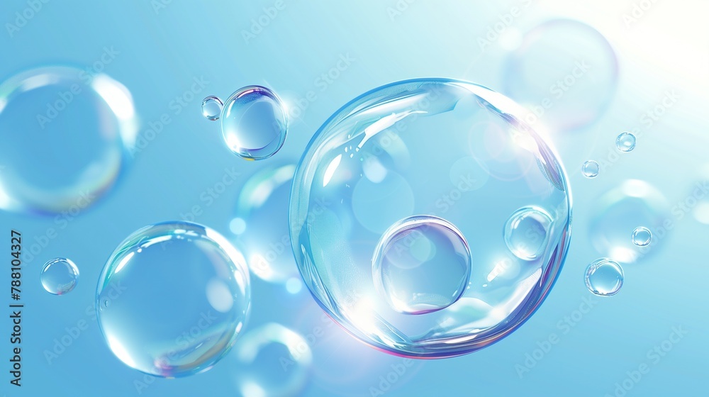 Ethereal Blue Soap Bubbles: Transparent Spheres and Effervescent Fizz for Clean Cosmetics and Rejuvenating Renewable Energy
