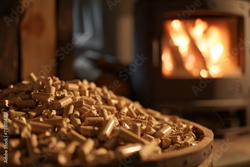 A cozy scene of wood pellets in the foreground with the warm glow of a pellet stove in the background, evoking a sense of warmth and sustainability.