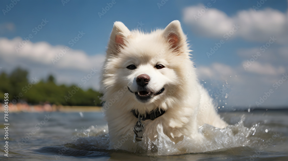A photo capturing Samoyed playing in the water. Showcasing lively and joyful scenes of summer, highlighting the happy moments Samoyed playing in the water. A photo capturing Samoyed playing in the water. Showcasing lively and joyful scenes of summer, highlighting the happy moments Samoyed playing in the water.