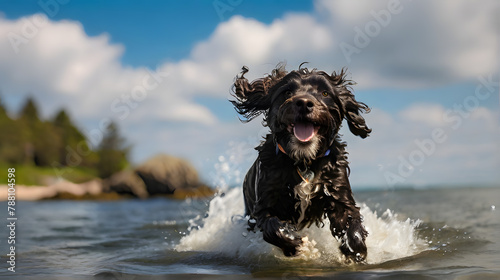 A photo capturing Portuguese Water Dog playing in the water. Showcasing lively and joyful scenes of summer, highlighting the happy moments Portuguese Water Dog playing in the water. photo