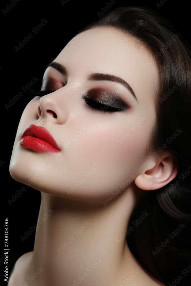 A woman with long dark hair and a pale pink lip A woman with long dark hair and a pale pink lip