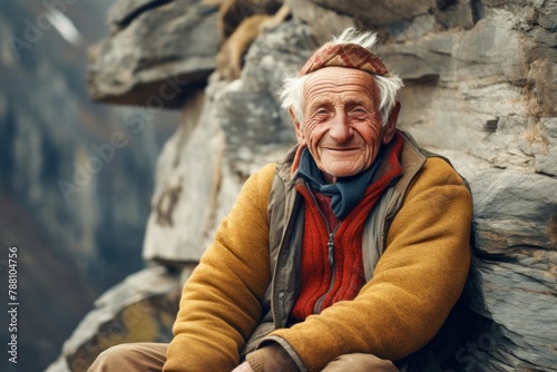 Portrait of a smiling elderly 100 years old man dressed in a warm wool sweater in front of rocky cliff background