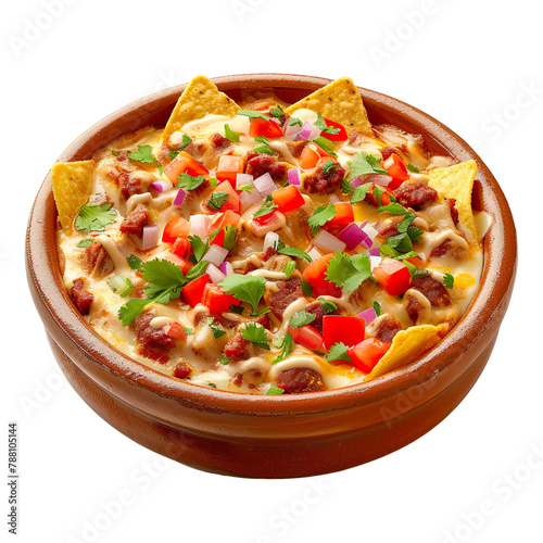 Front view of Choriqueso with Mexican chorizo and cheese dip, featuring melted cheese blended with spicy chorizo sausage, tomatoes, onions, and peppers, isolated on white transparent background photo