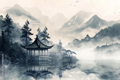 Chinese traditional painting, landscape with a pavilion and pine trees by a lake in mountains