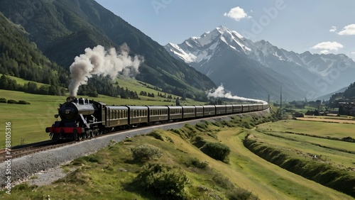 The orient express train moving at speed on the track on a sunny day with mountains in the background 1920, steam