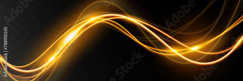Light wave,shiny gold lines.Color glowing design element.Wavy bright stripes.Vector illustration.
