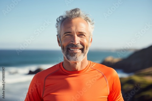 Portrait of a happy man in his 50s sporting a breathable mesh jersey over serene seaside background