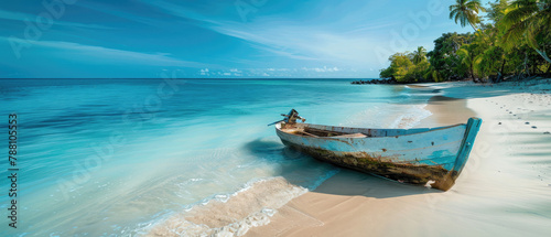 old abandoned boat on beach painted with bluish white paint in tropical beach paradise as summer landscape with white sand beach, clear blue cloudy sky, calm sea created with Generative AI Technology © AstraNova