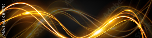 Light wave,shiny gold lines.Color glowing design element.Wavy bright stripes.Vector illustration.
