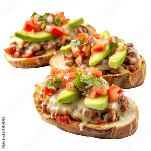 Front view of Molletes with Mexican open-faced sandwiches, featuring bolillo rolls topped with refried beans, melted cheese, sliced avocado, and salsa, isolated on white transparent background photo