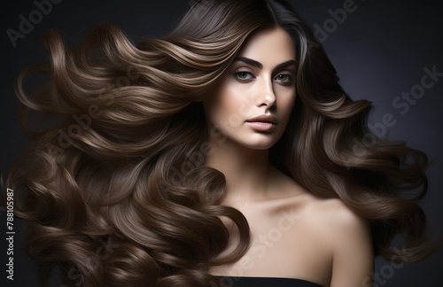 A woman with long brown hair is standing in front of a black background