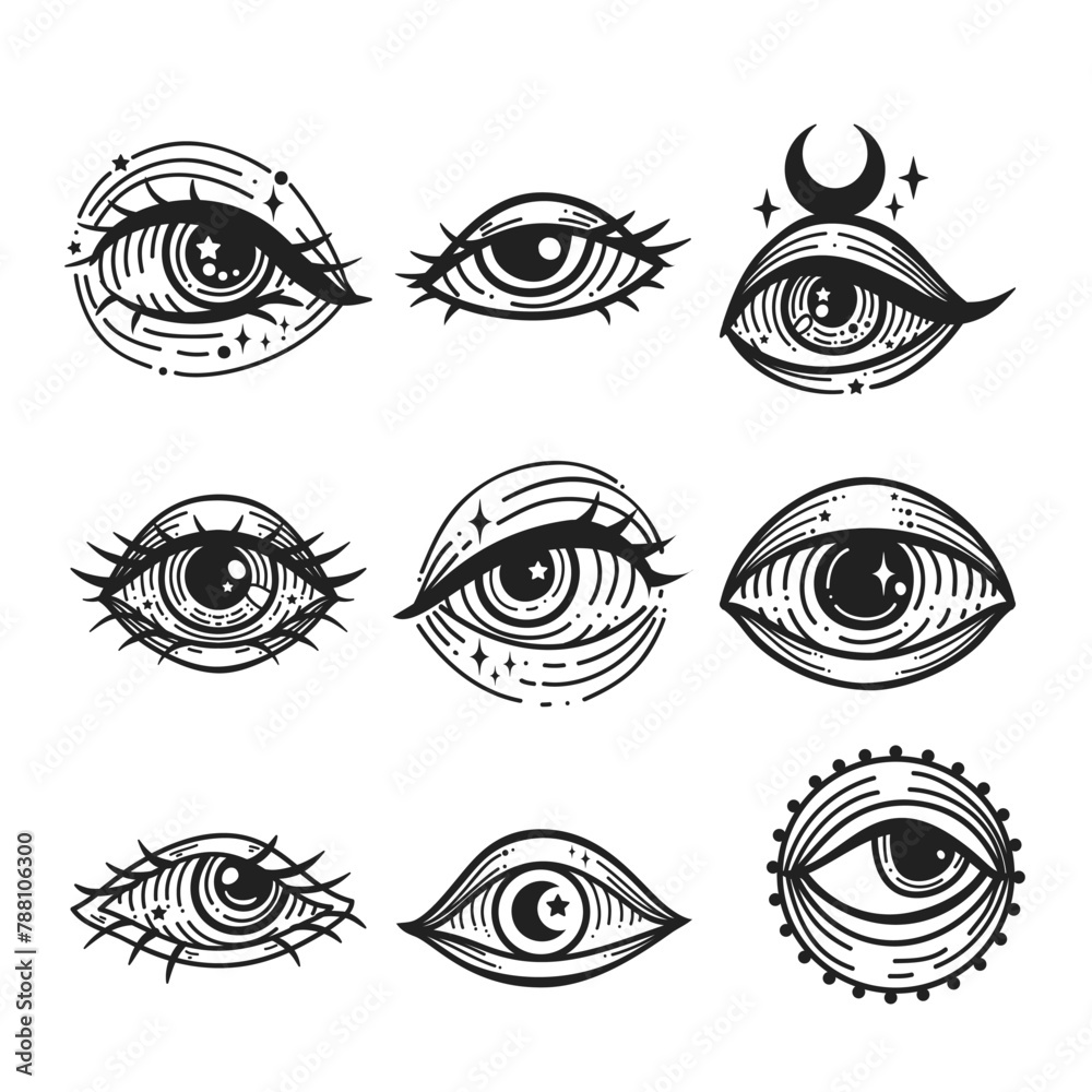 Evil eye Set. Eye of Providence. Lineart Vector illustration. Magic witchcraft symbol. Masonic symbol. Hand drawn logo or emblem