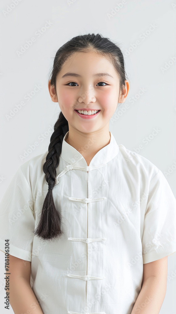 Smiling child Asian Chinese woman with black ponytail hair with crossed arms wearing white traditional Chinese medicine clothes on white background Smiling child Asian Chinese woman with black ponytail hair with crossed arms wearing white traditional Chinese medicine clothes on white background