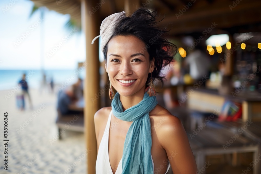 Portrait of a grinning asian woman in her 30s wearing a versatile buff over bustling beach resort background Portrait of a grinning asian woman in her 30s wearing a versatile buff over bustling beach resort background