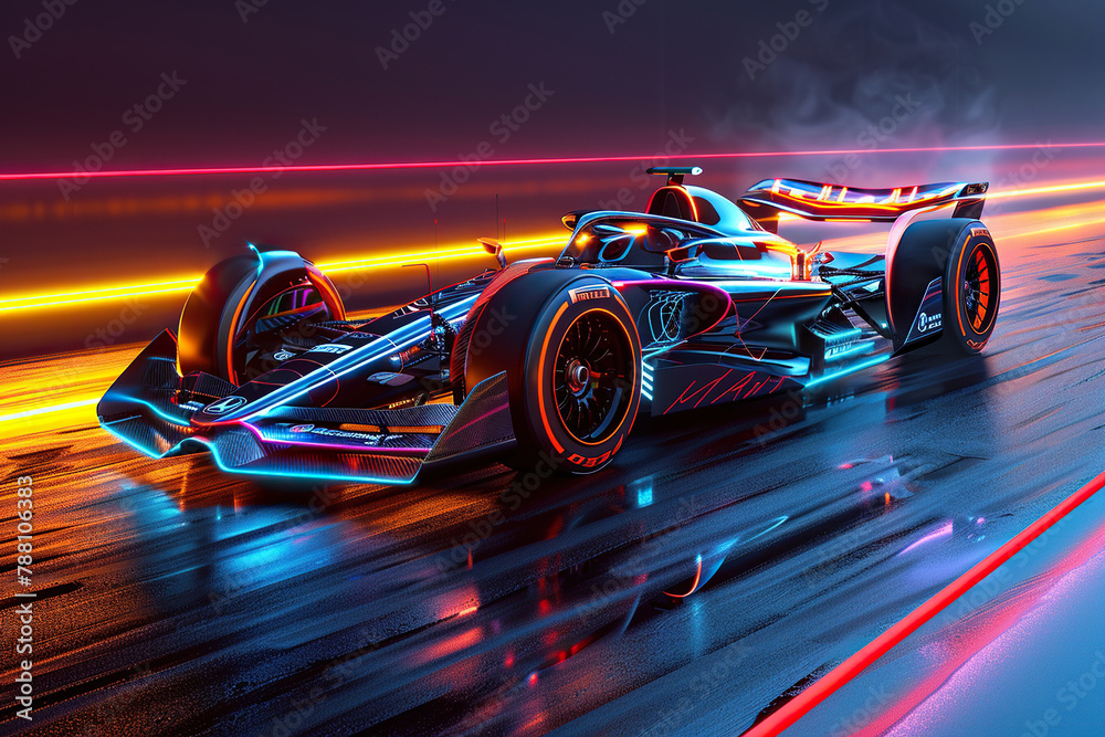 Racing car on the track in neon light with a motion effect. Concept of high speed, auto racing. Generated by artificial intelligence